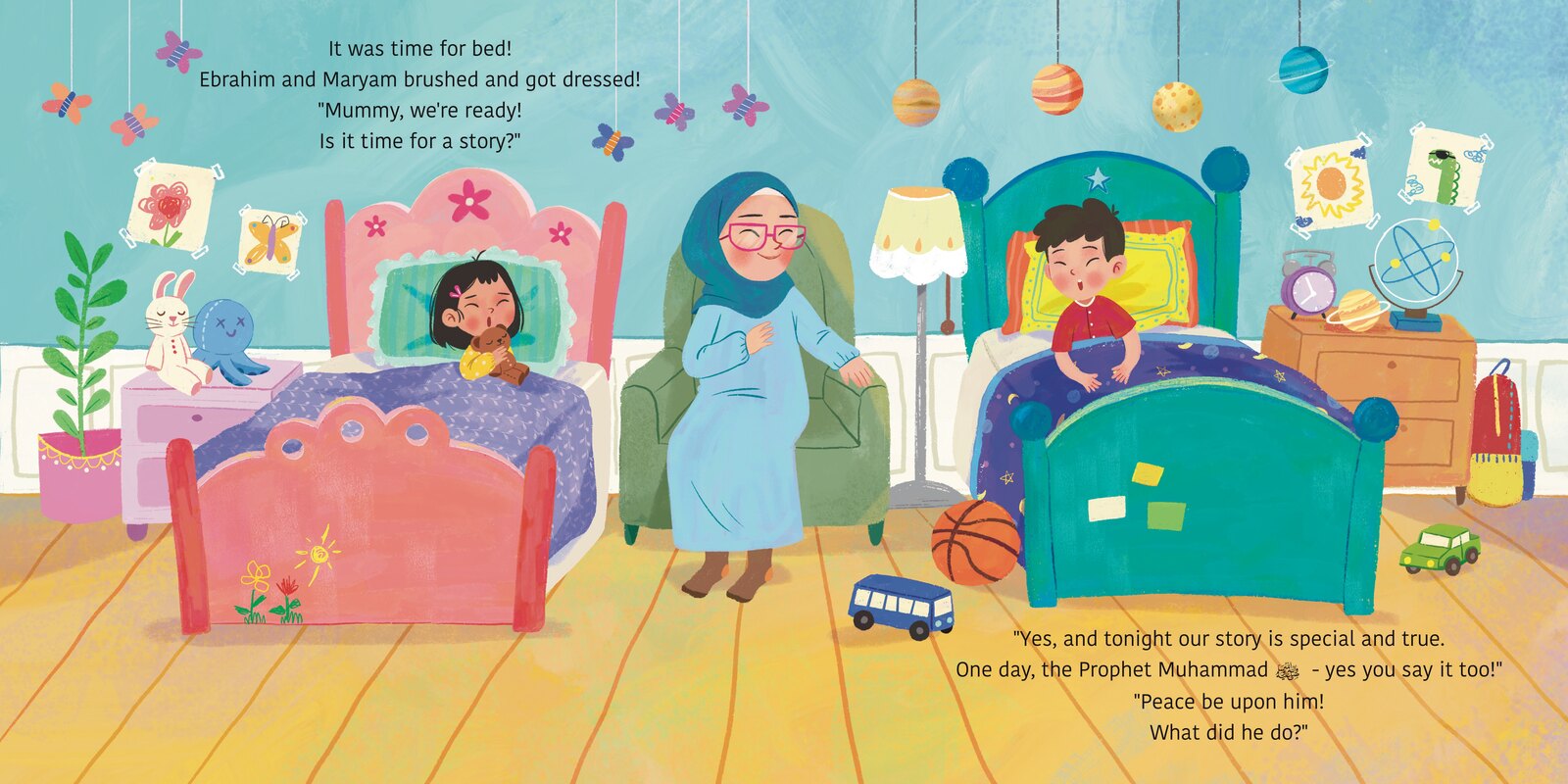 Bedtime: Mummy sits between two beds in a toy-filled room, telling Ebrahim and Maryam that tonight's story is special and true.