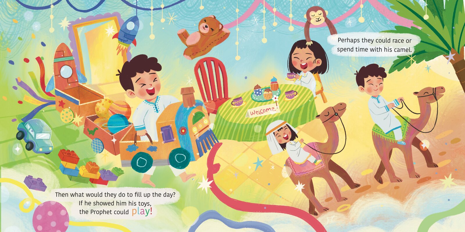 Children imagine playing with the Prophet — toy rockets, teddy bears, racing and riding a camel.